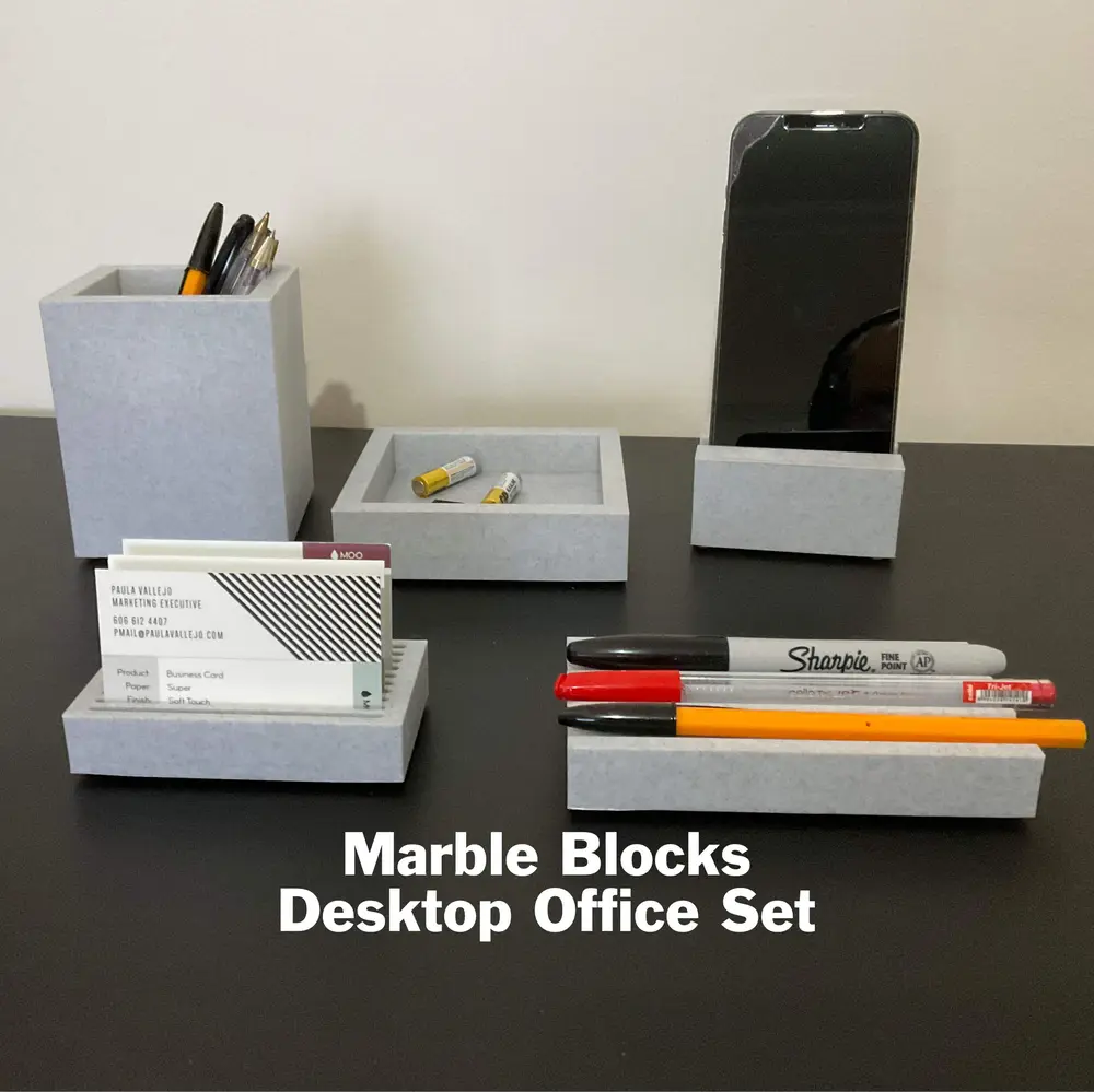 Marble blocks desktop office set; pen box, business card holder, pen tray, phone stand and desk tray