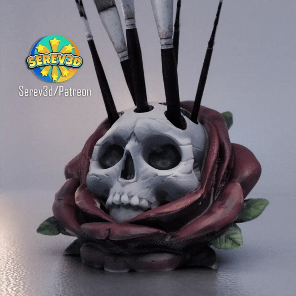 Skull Rose - Pen & Brush holder - desk organizer - Serev3D
