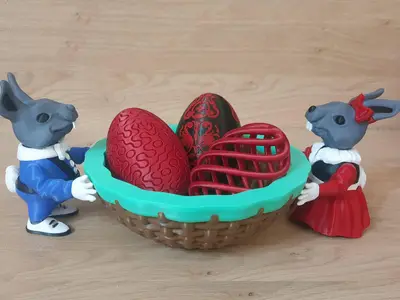 Easter Bunny boy girl with a basket and Decorated Eggs