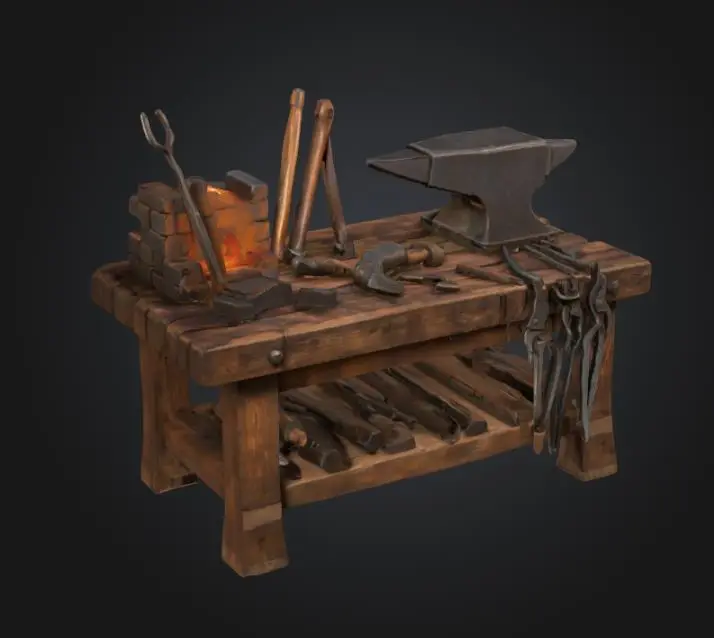 Blacksmith forge table with tools