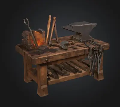 Blacksmith forge table with tools