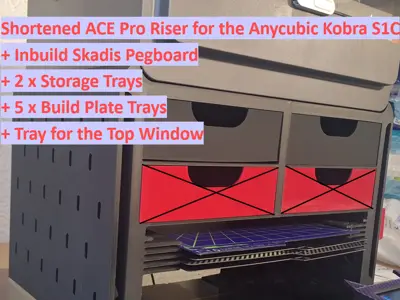 The shortened ACE Pro Riser for the Anycubic Kobra S1C with an inbuild Skadis Pegboard + 2 Trays