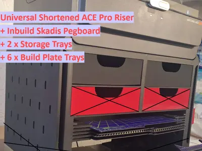 Universal Anycubic ACE Pro Riser with Inbuild Skadis Pegboard / 2 Trays / Storage for 6 Build plates