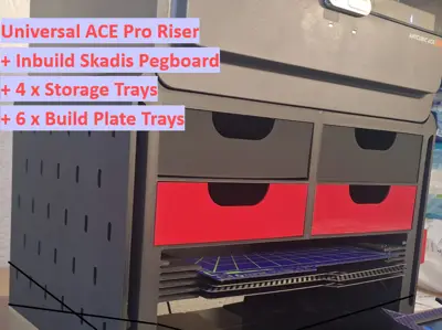 Universal Anycubic ACE Pro Riser with Inbuild Skadis Pegboard / 4 Trays / Storage for 6 Build plates