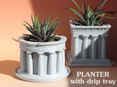 Round Greek Temple Planter with drip tray