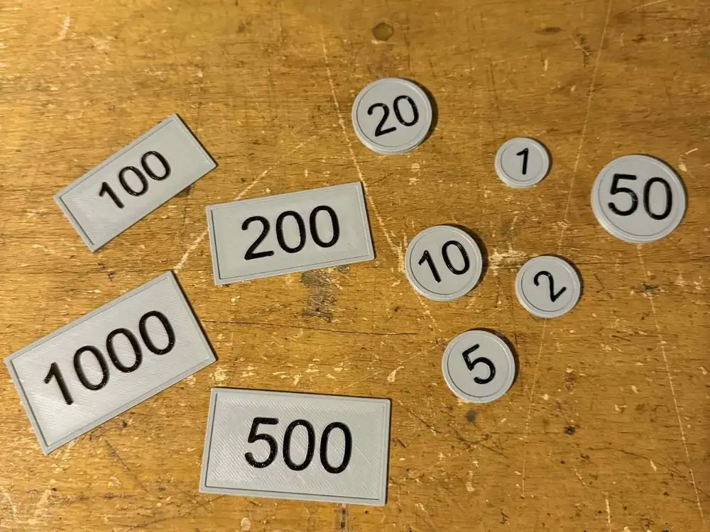 Coins, currency, tokens for playing or for a board game