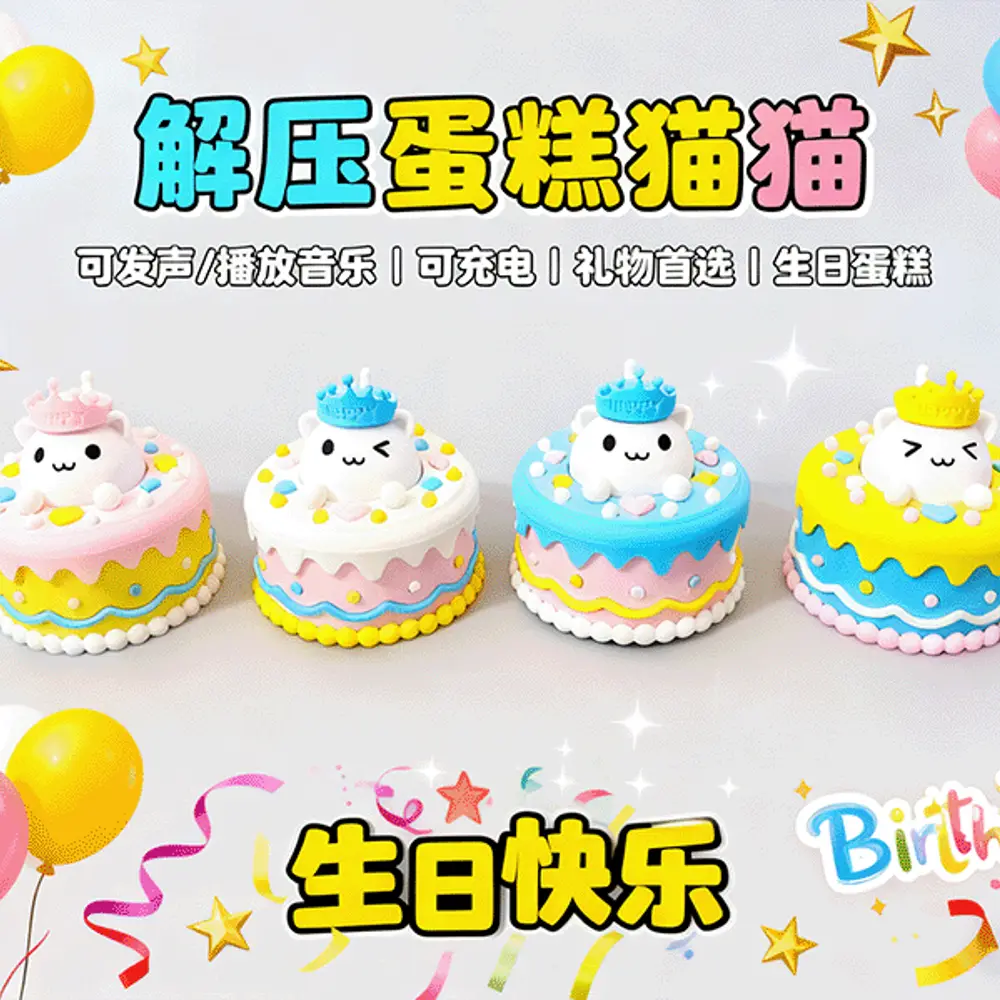 Stress Relief Cake Cat: Press It, It Sings!解压蛋糕猫猫（可按压，带语音/铃声，可当钥匙链）生日礼物