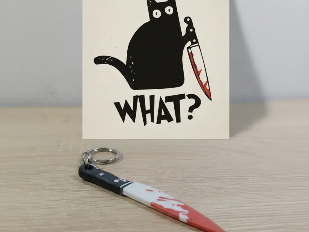 "What?" Murder Cat Knife Keychain