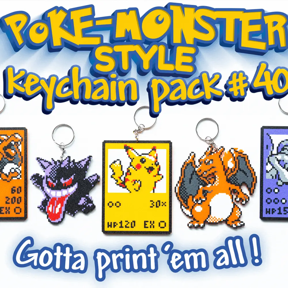 Poke-Monster Keychain Pack #40 Charizard Gengar & Pikachu, Mewtwo, Charizard TCG Trading Card Game