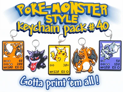 Poke-Monster Keychain Pack #40 Charizard Gengar & Pikachu, Mewtwo, Charizard TCG Trading Card Game