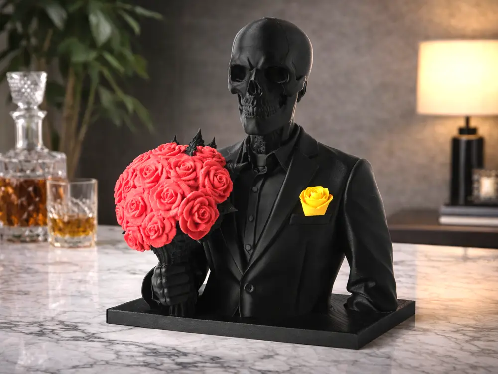 Elegant Skeleton Bust Holding Roses