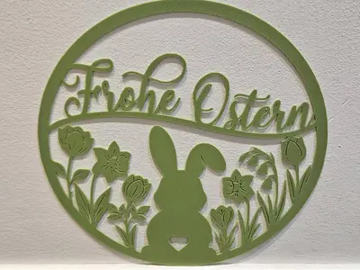 "Frohe Ostern" / "Happy Easter" Sign - Bunny & Spring Flowers