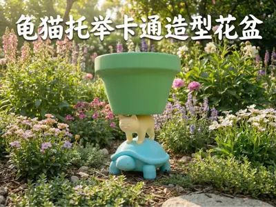 龟猫托举卡通造型花盆