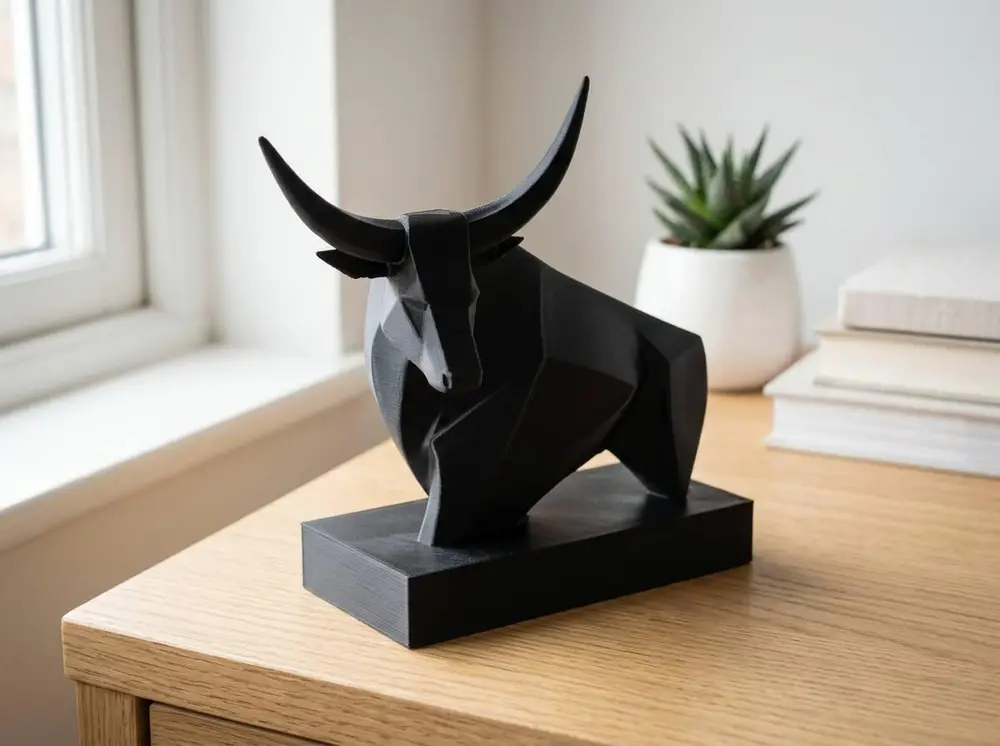 Low-Poly Bull Sculpture on Base — Geometric Art