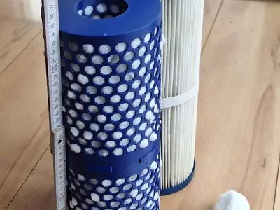 Pool filter housing for filter balls, as a replacement for lamella filters.