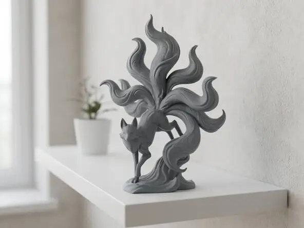 Elegant Nine-Tailed Kitsune Fox Sculpture