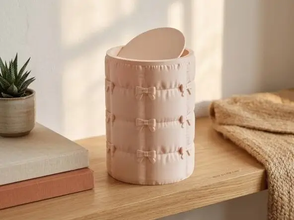 Bow Puffer Trash Can with Quilted Texture