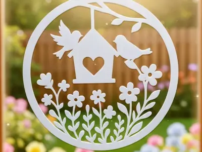 Frühlingszauber: Vögel am Vogelhaus (Wand- & Fensterdeko)