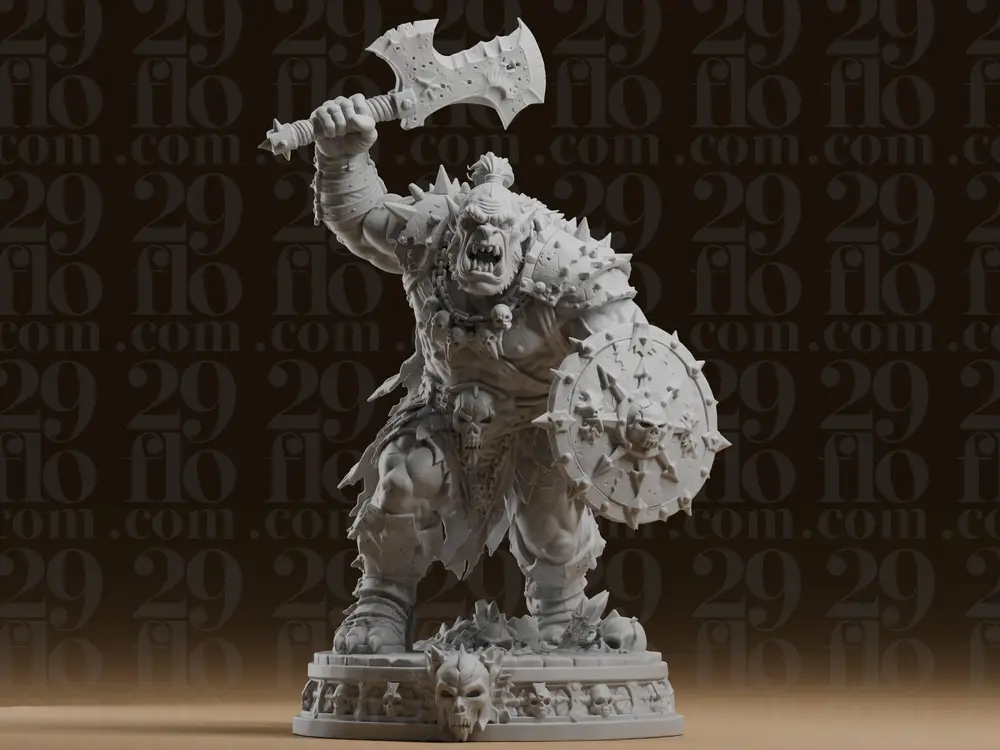 #306_1 Orc Berserker Warrior with Axe and Shield Statue
