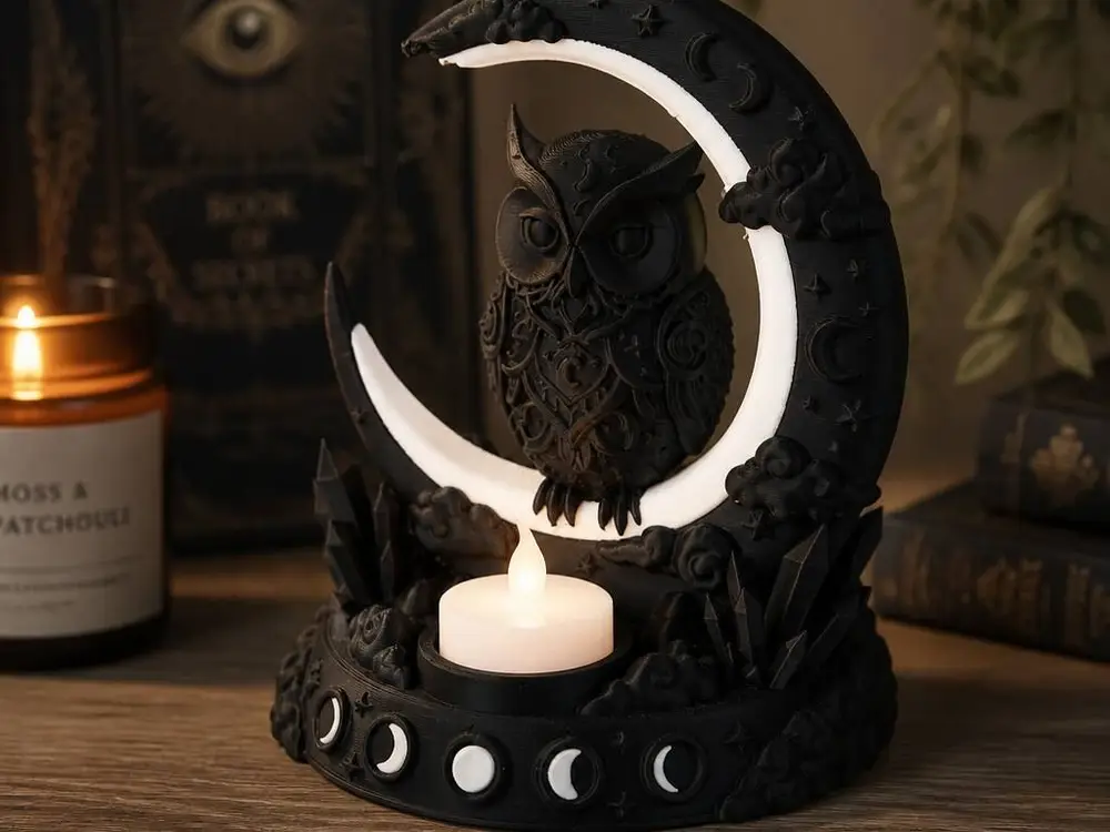 Crescent Owl LED Candle Holder in Mystical Moon Design