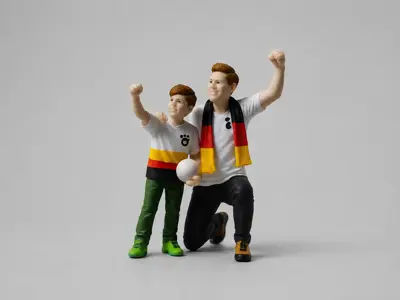 jubelndes Vater-Sohn-Fan-Duo im Trikot, geeignet für die LGB-Gartenbahn (Maßstab ca. 1:22,5)