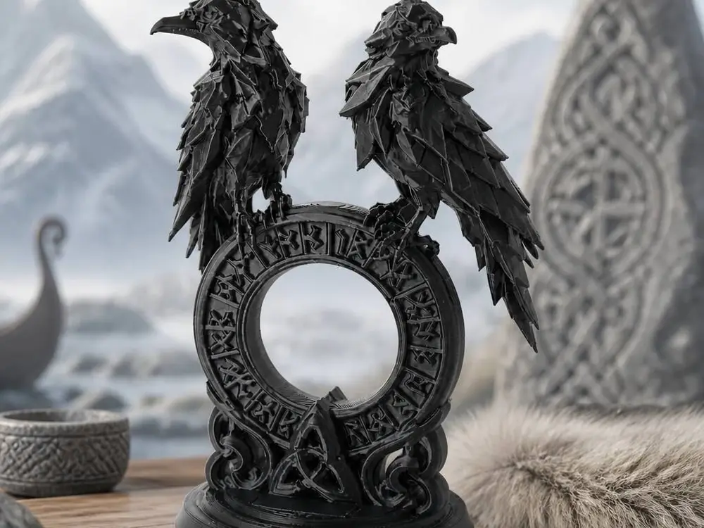 Twin Raven Rune Gate - Gothic Norse Statue