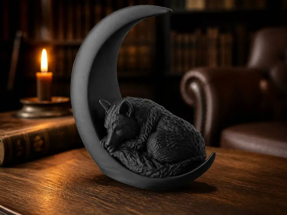 Sleeping Wolf On a Moon - Elegant Animal Sculpture