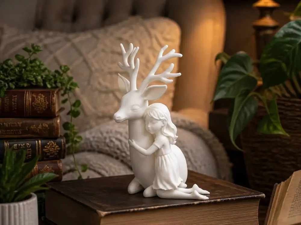 Girl and Deer Sculpture Woodland Friendship Statue