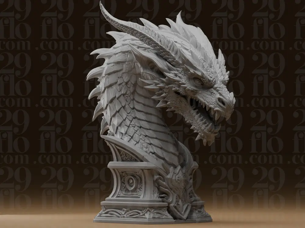#440_2 Roaring Horned Dragon Head Fantasy Bust Statue