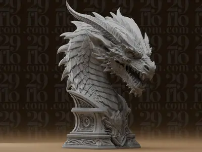 #440_2 Roaring Horned Dragon Head Fantasy Bust Statue