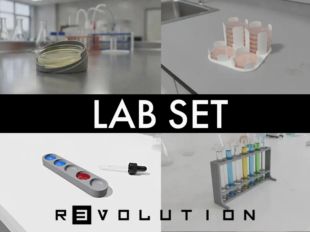 Lab Set - Petri Dish Holder, Display Unit. Test Tube Holder. Sample Mix Tray