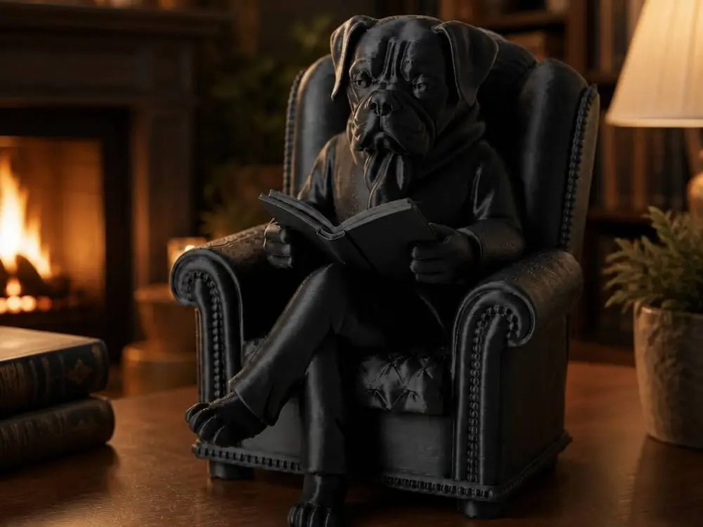 Reading Mastiff Figurine - Dog in Armchair Book Lover Sculpture