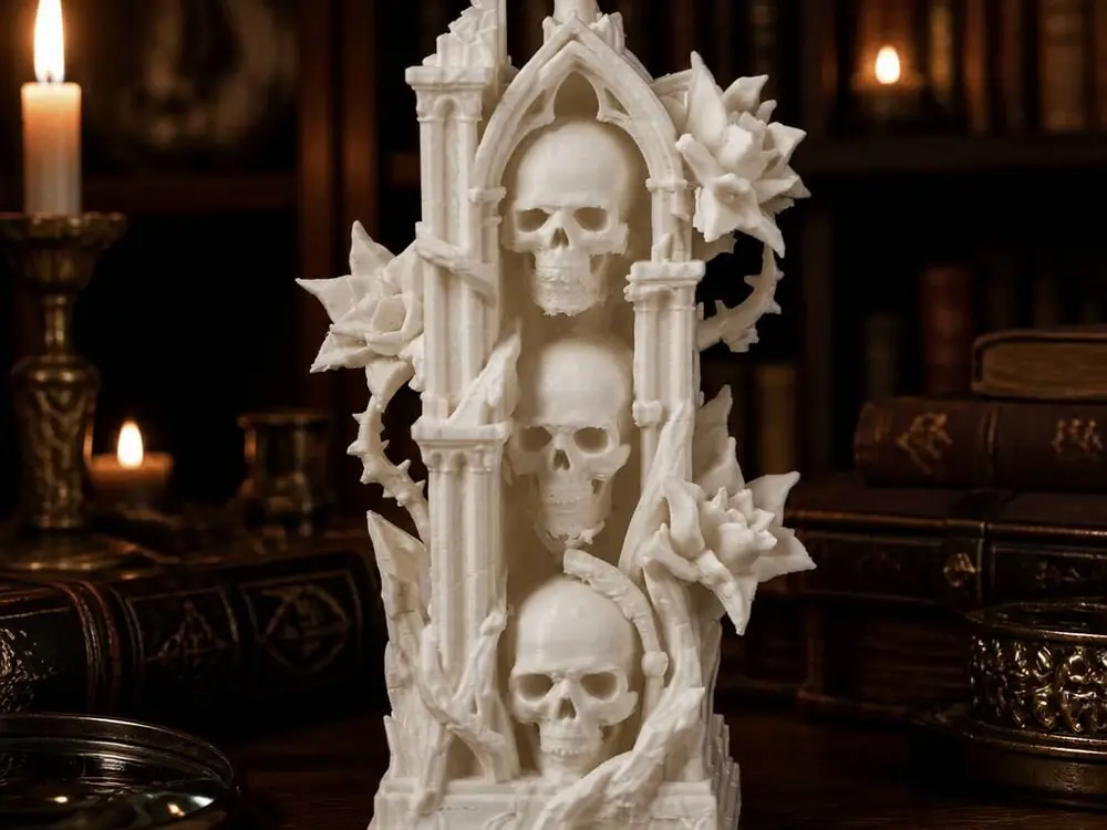 Gothic Skull Spire with Intricate Floral Elements