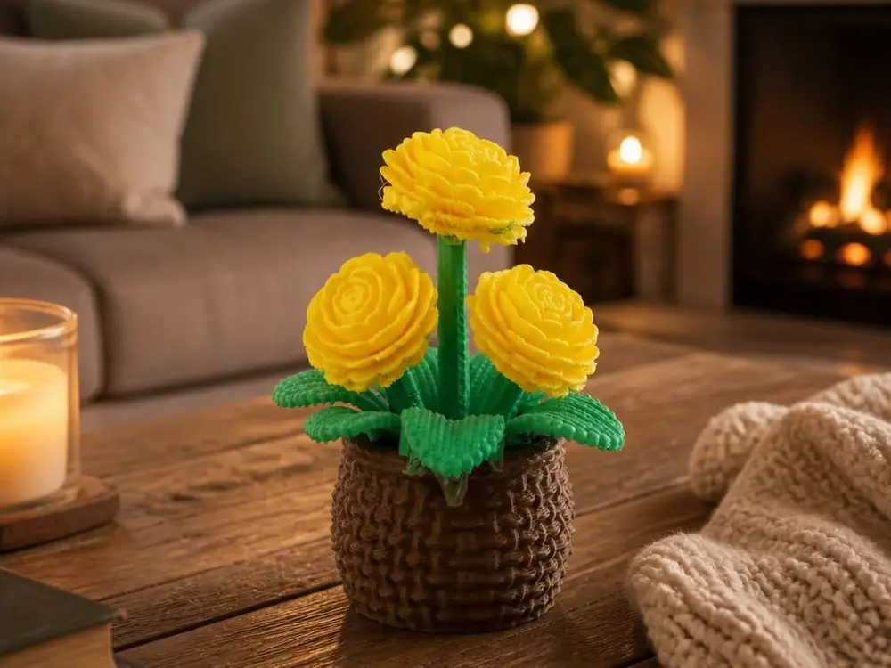 Yellow Ranunculus Flower Pot - Floral Desk Decor Sculpture