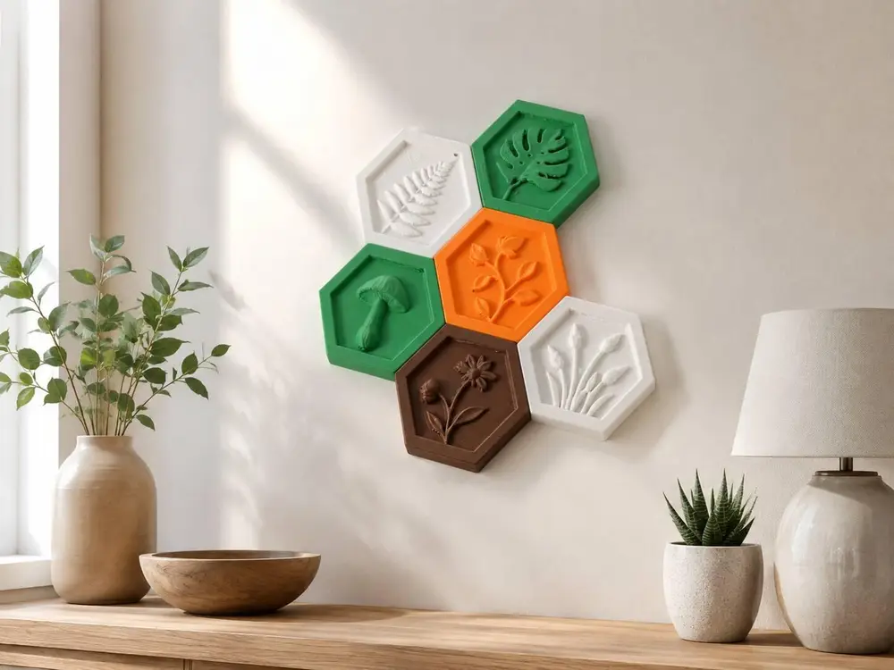 Botanical Hexagon Wall Art - Plant Relief Set