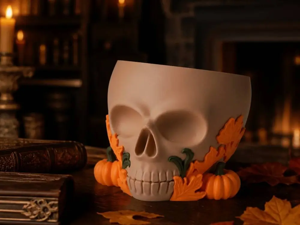 Autumn Skull Bowl with Pumpkins – Halloween Decor