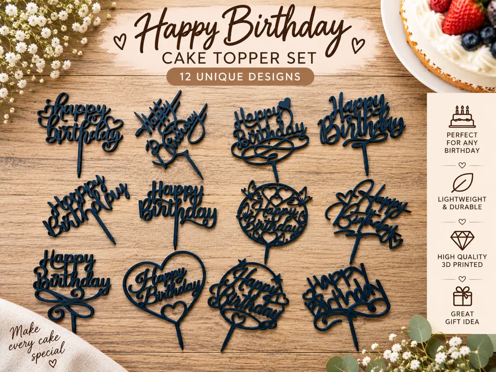 Happy Birthday Cake Topper Set – 12 Designs
