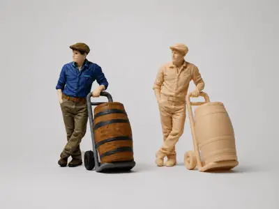 Arbeiter mit Fass und Sackkarre, geeignet für die LGB-Gartenbahn (Maßstab ca. 1:22,5)