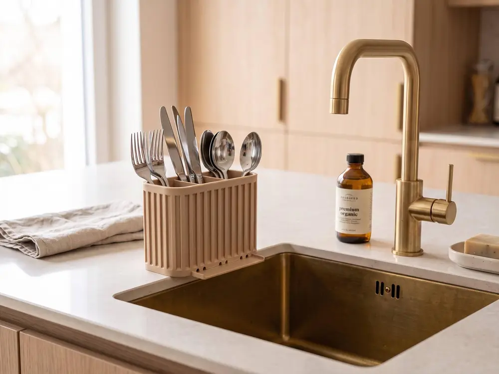 Japandi cutlery drainer with three compartments