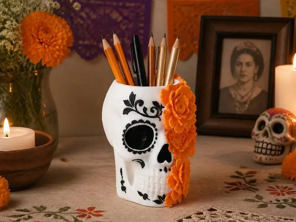 Skull Vase with Floral Patterns