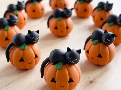 Sleeping Cat on a Smiling Pumpkin - Kawaii Autumn Decoration