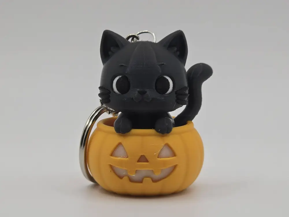 Cute Cat in a Pumpin Bucket Keychain