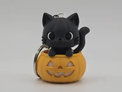 Cute Cat in a Pumpin Bucket Keychain