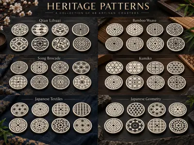 Coaster Set: Heritage Patterns (Kumiko, Bamboo, Lotus)