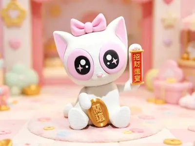 白色招财猫可爱蝴蝶结开运招财进宝全拆件