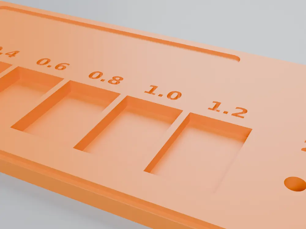 Filament Swatch Card with Thickness Steps and Hole Tolerance Test (80 x 32 mm)