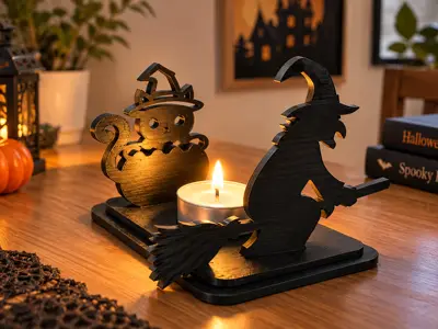 Witch Candle Holder with Cat Shadow