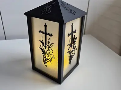 Memorial Candle – LED Grave with Cross & Lilies