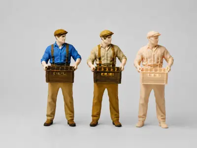 Arbeiter (Vintage) mit Getränkekiste, geeignet für die LGB-Gartenbahn (Maßstab ca. 1:22,5).
