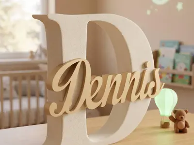 Lettera decorativa "D" con nome "Dennis" in rilievo - Complemento d'arredo personalizzato in 3D
